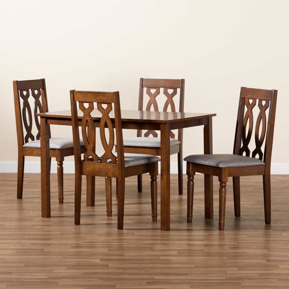 Grey Fabric Upholstered and Walnut Brown Finished 5-Piece Wood Dining Set. Picture 17