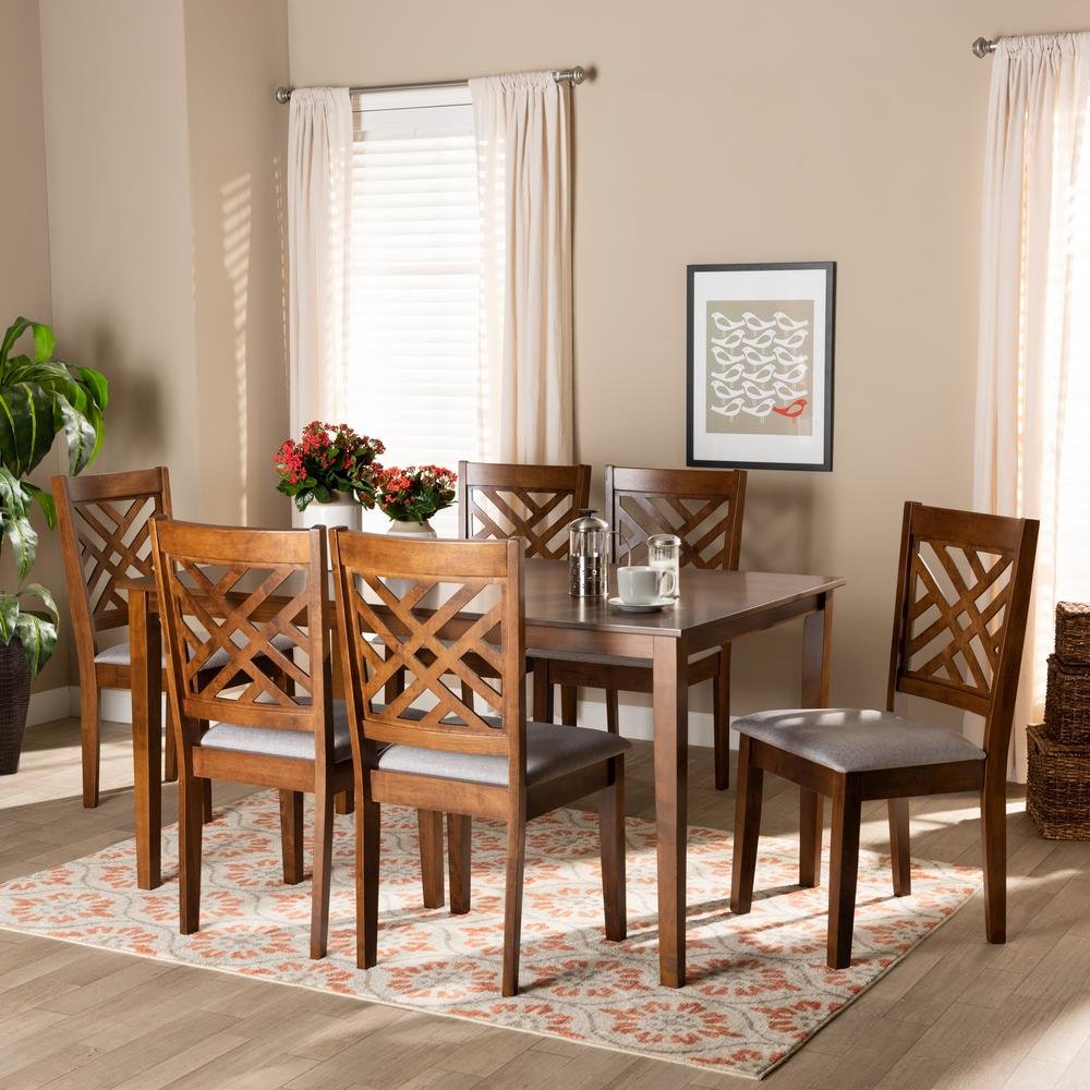 Grey Fabric Upholstered and Walnut Brown Finished Wood 7-Piece Dining Set. Picture 16