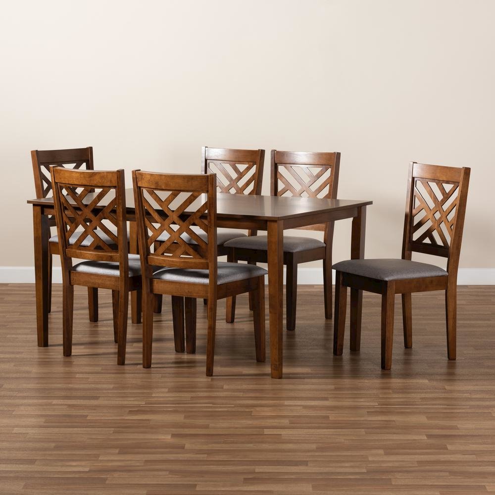Grey Fabric Upholstered and Walnut Brown Finished Wood 7-Piece Dining Set. Picture 17