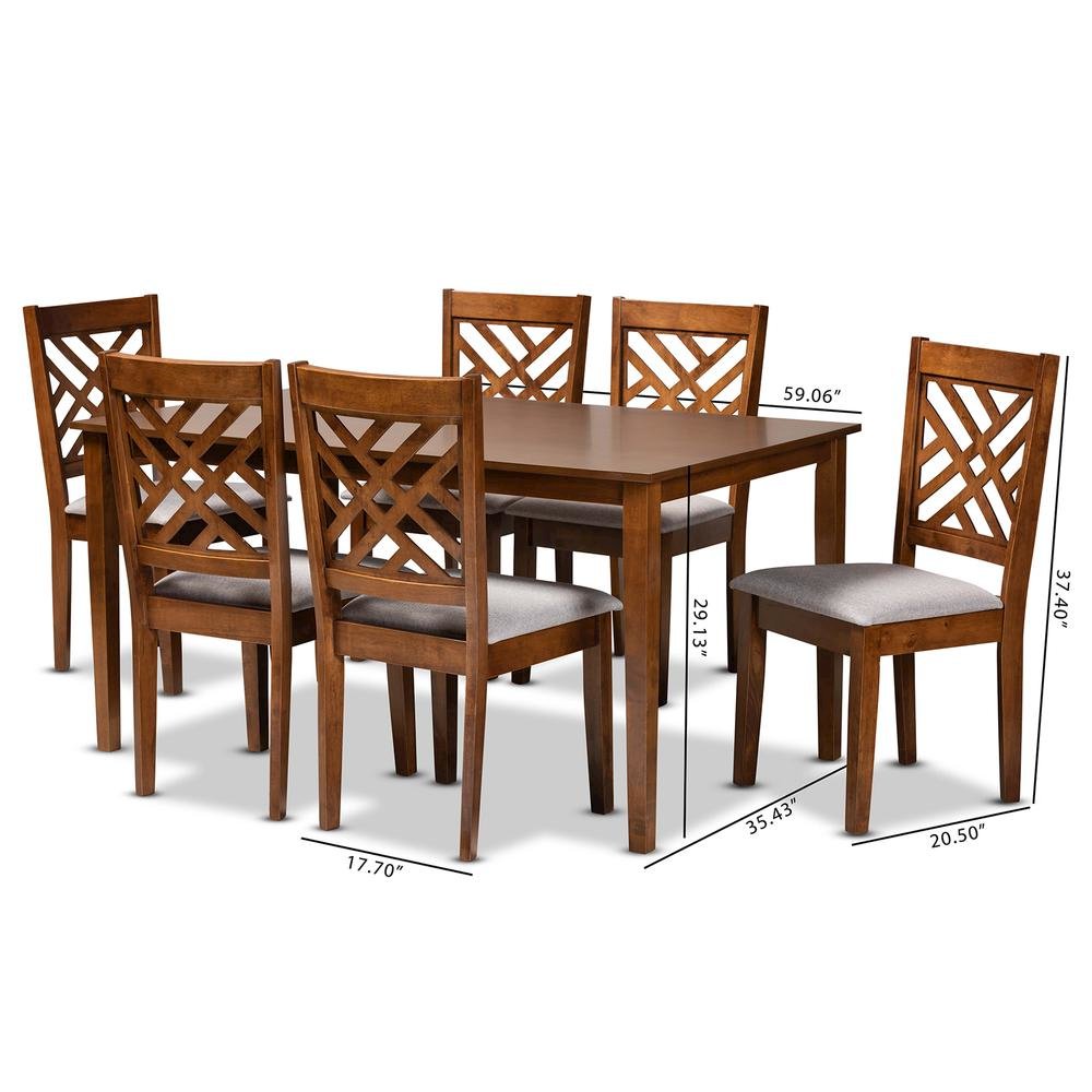 Grey Fabric Upholstered and Walnut Brown Finished Wood 7-Piece Dining Set. Picture 18