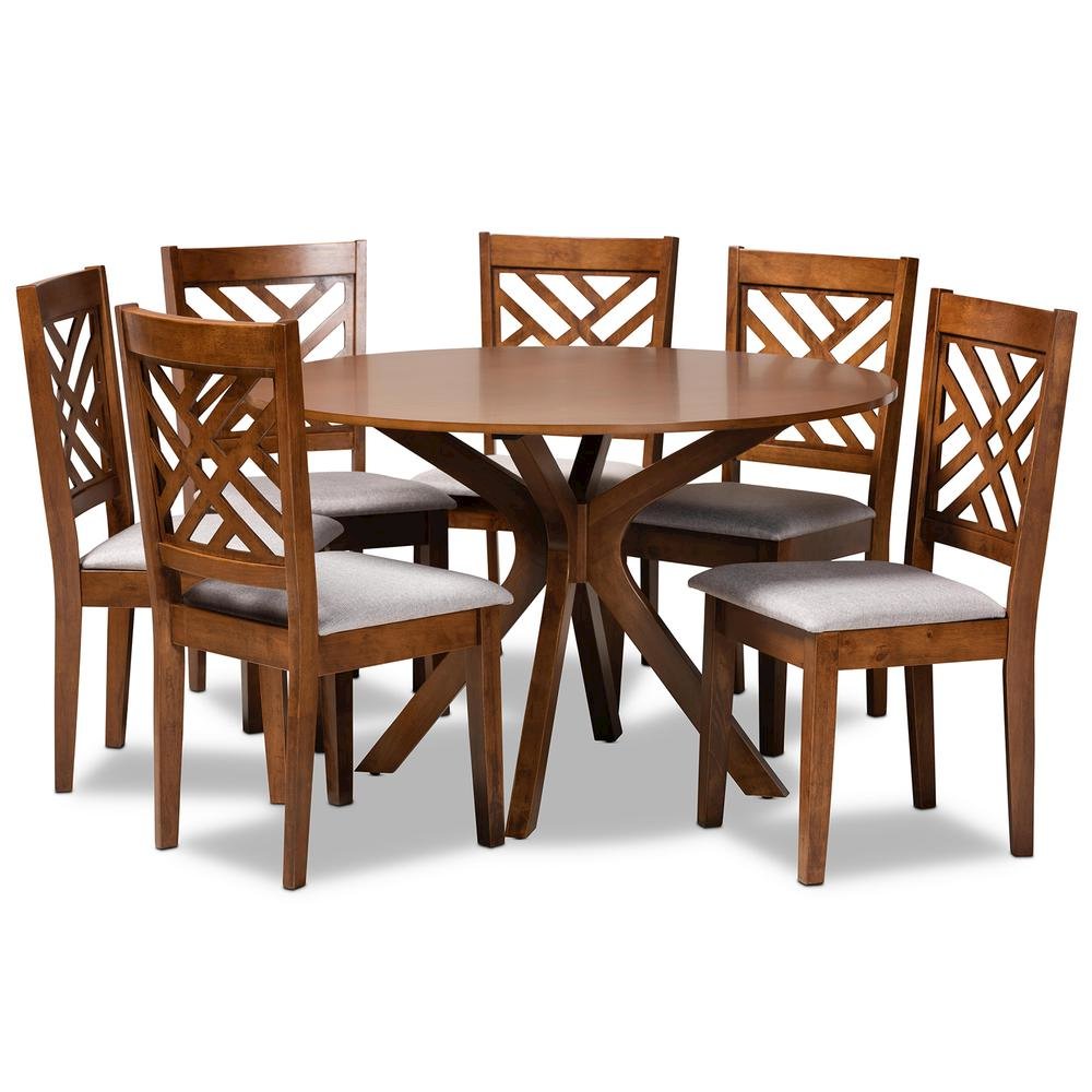 Grey Fabric Upholstered and Walnut Brown Finished Wood 7-Piece Dining Set. Picture 10