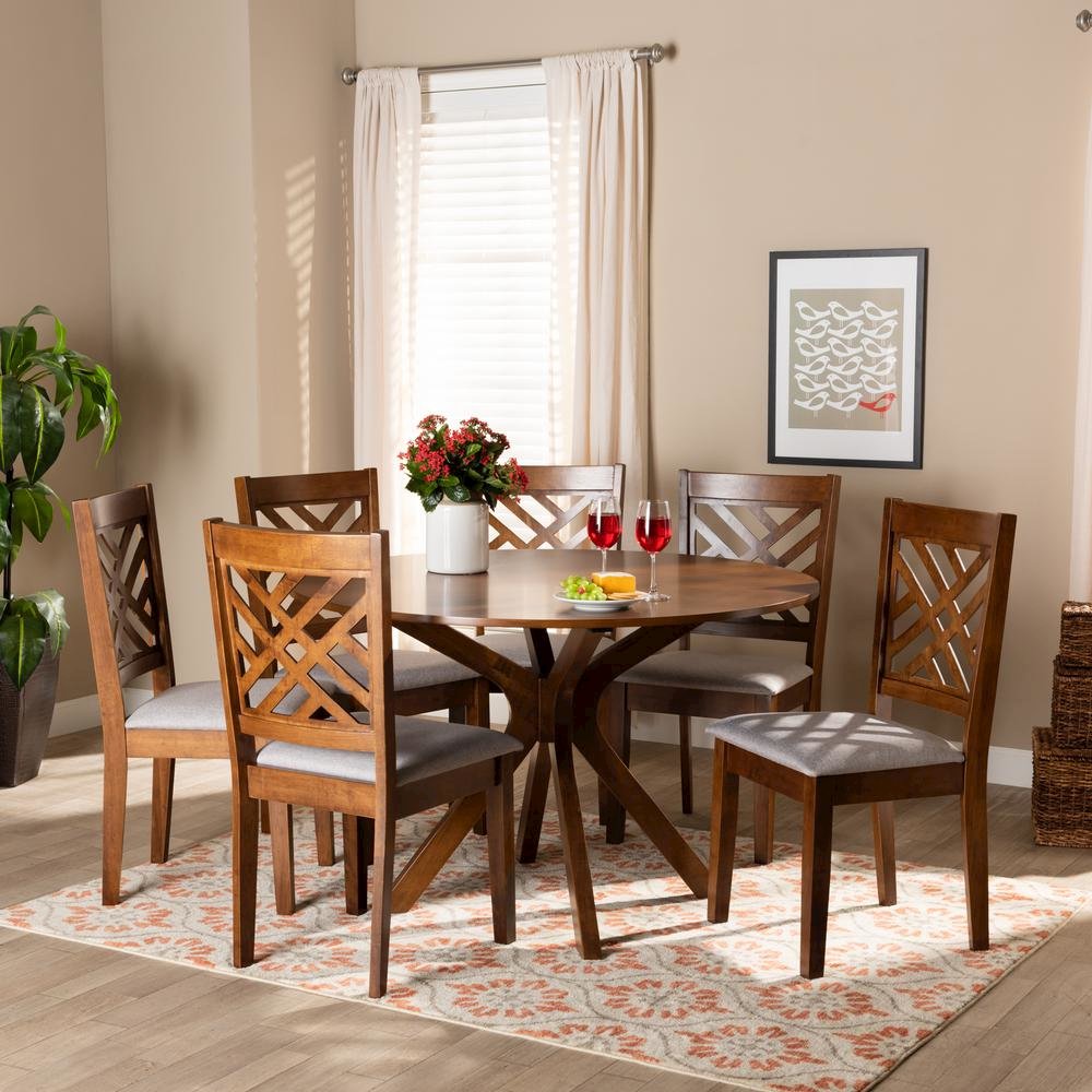 Grey Fabric Upholstered and Walnut Brown Finished Wood 7-Piece Dining Set. Picture 16