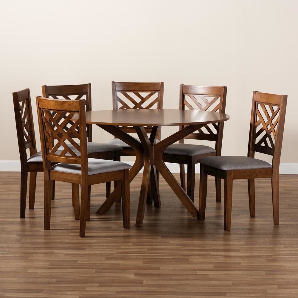Grey Fabric Upholstered and Walnut Brown Finished Wood 7-Piece Dining Set. Picture 17