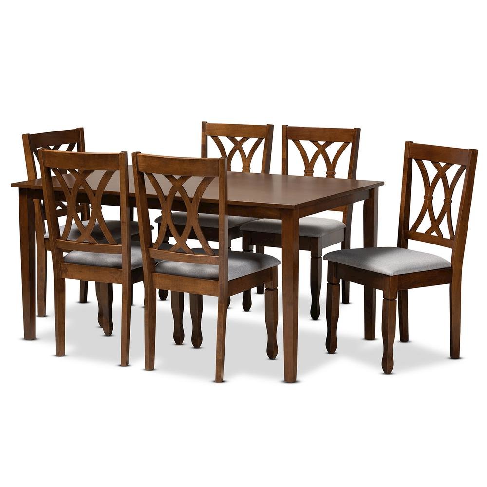 Grey Fabric Upholstered and Walnut Brown Finished Wood 7-Piece Dining Set. Picture 10
