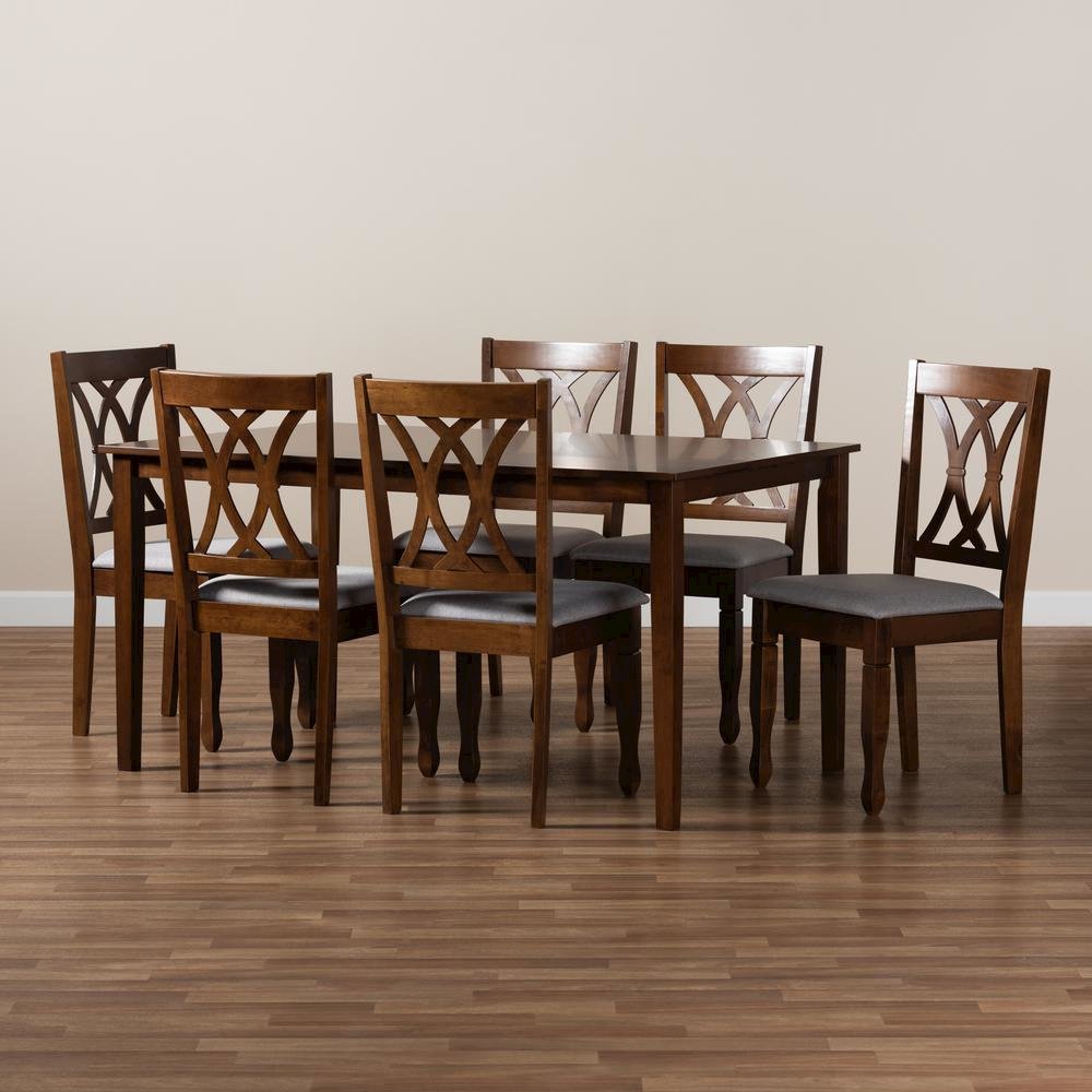 Grey Fabric Upholstered and Walnut Brown Finished Wood 7-Piece Dining Set. Picture 17