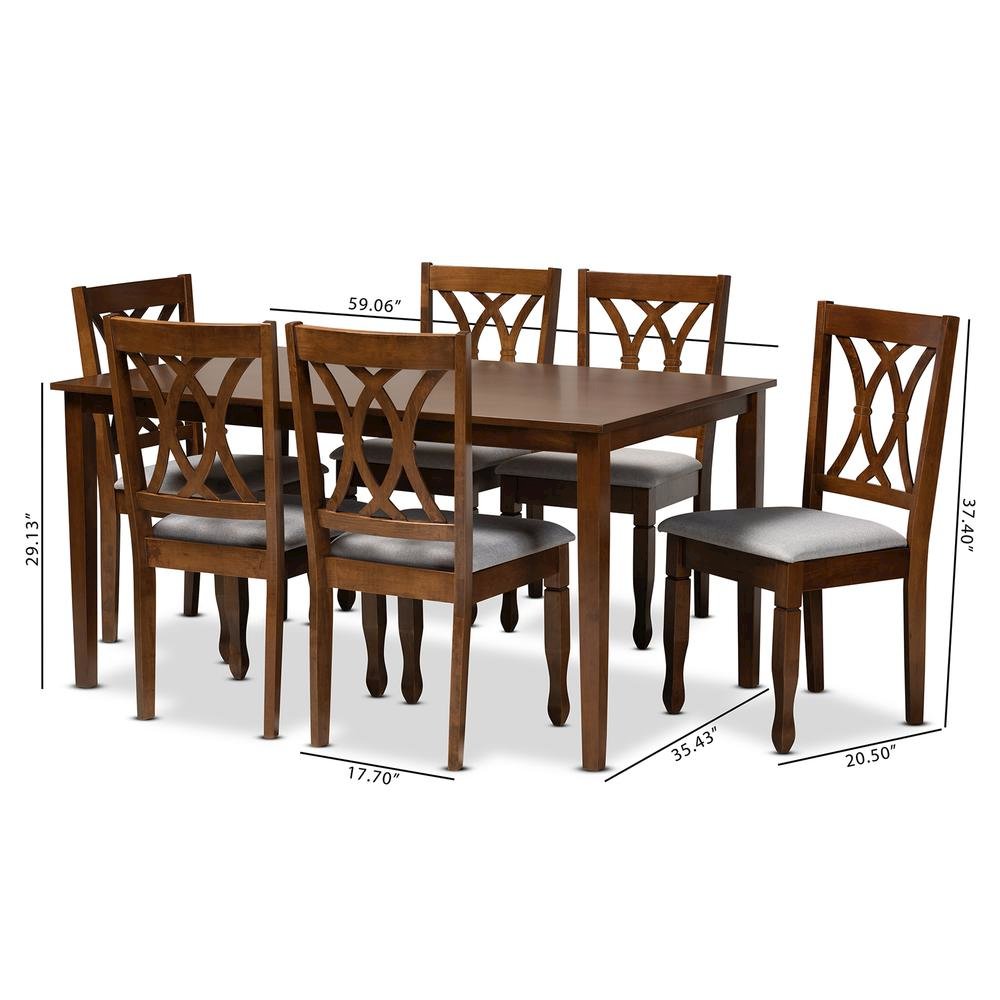 Grey Fabric Upholstered and Walnut Brown Finished Wood 7-Piece Dining Set. Picture 18