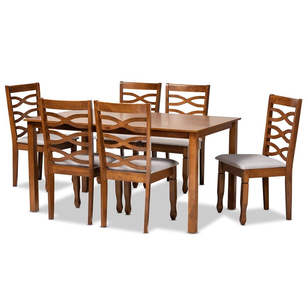 Grey Fabric Upholstered and Walnut Brown Finished Wood 7-Piece Dining Set. Picture 10