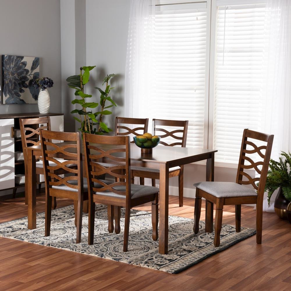 Grey Fabric Upholstered and Walnut Brown Finished Wood 7-Piece Dining Set. Picture 16