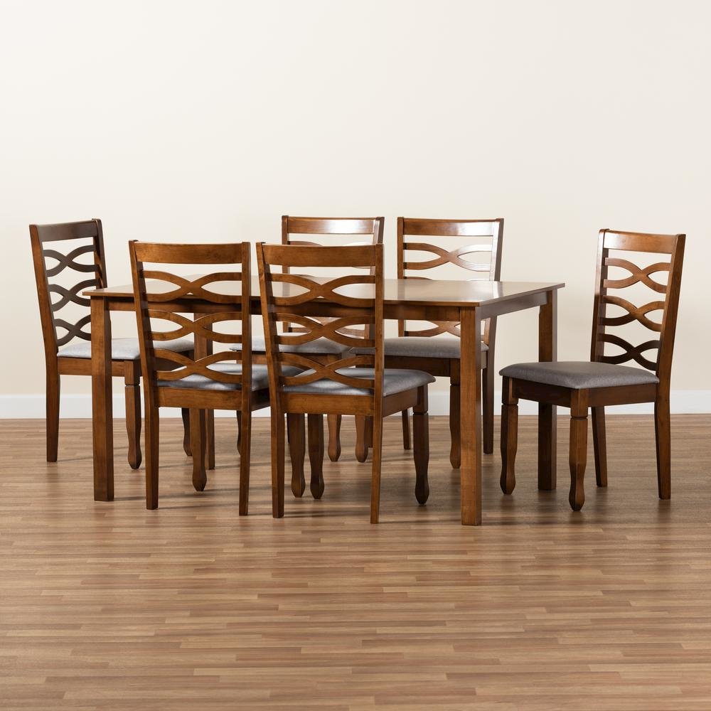 Grey Fabric Upholstered and Walnut Brown Finished Wood 7-Piece Dining Set. Picture 17
