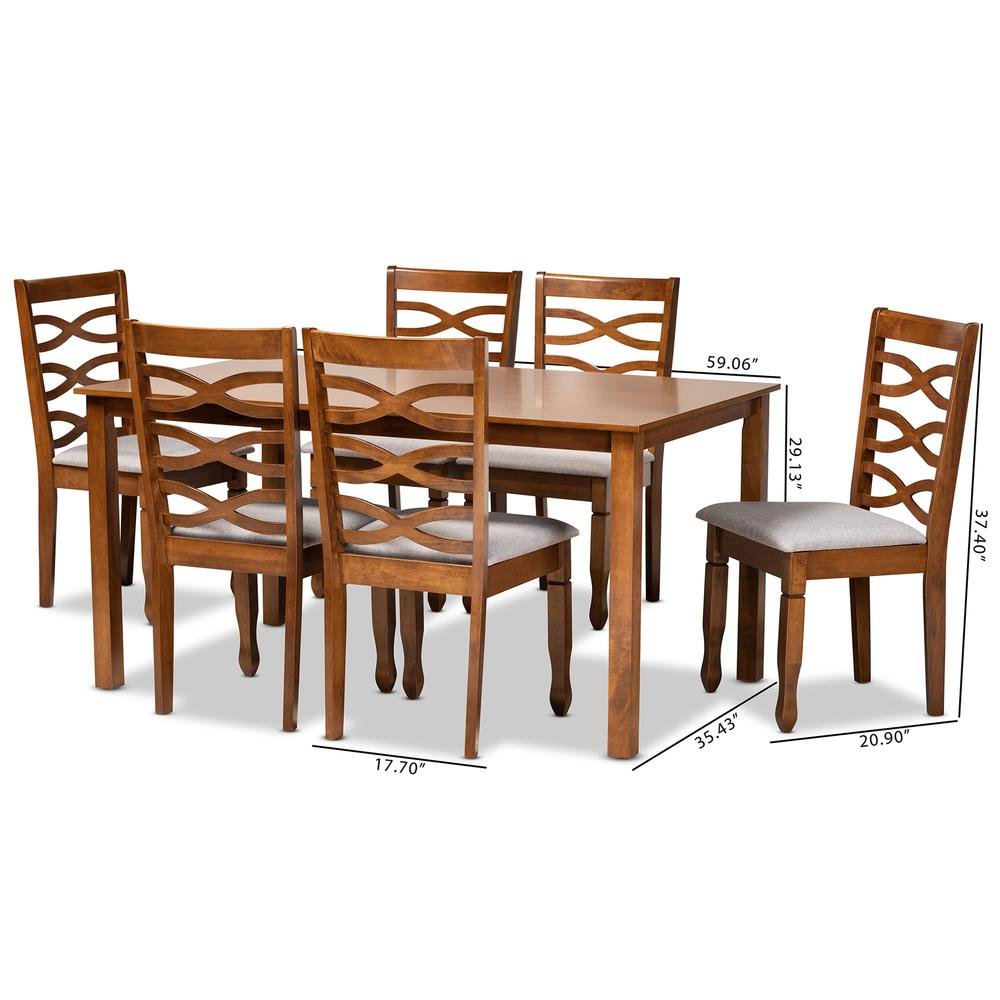 Grey Fabric Upholstered and Walnut Brown Finished Wood 7-Piece Dining Set. Picture 18