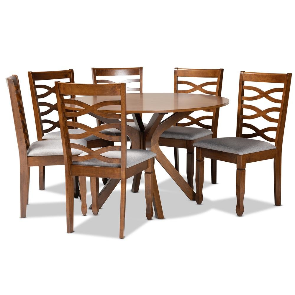Grey Fabric Upholstered and Walnut Brown Finished Wood 7-Piece Dining Set. Picture 10