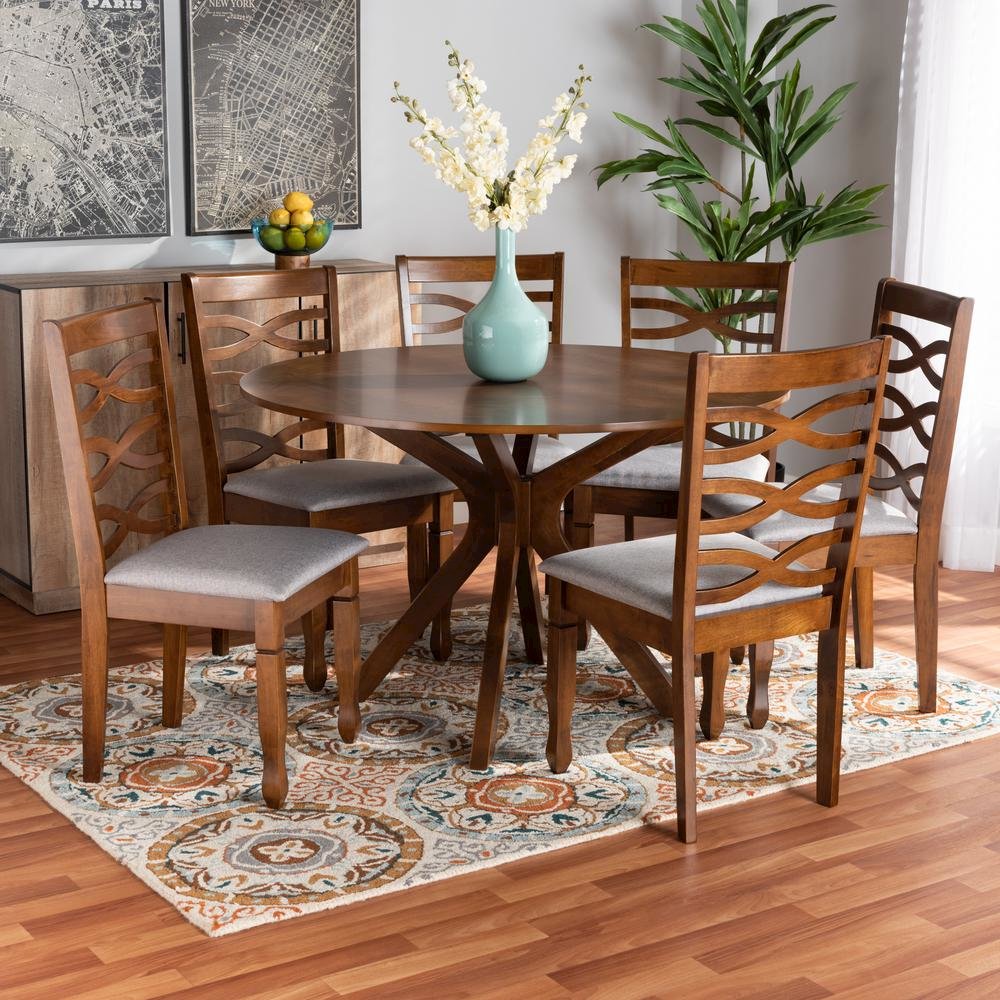 Grey Fabric Upholstered and Walnut Brown Finished Wood 7-Piece Dining Set. Picture 16