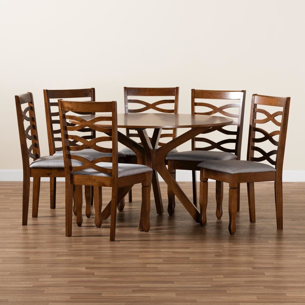 Grey Fabric Upholstered and Walnut Brown Finished Wood 7-Piece Dining Set. Picture 17