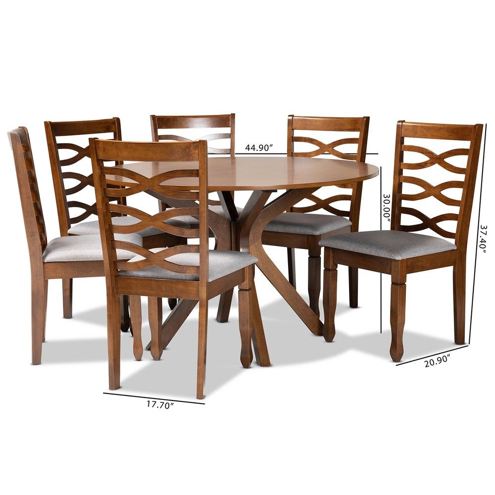 Grey Fabric Upholstered and Walnut Brown Finished Wood 7-Piece Dining Set. Picture 18