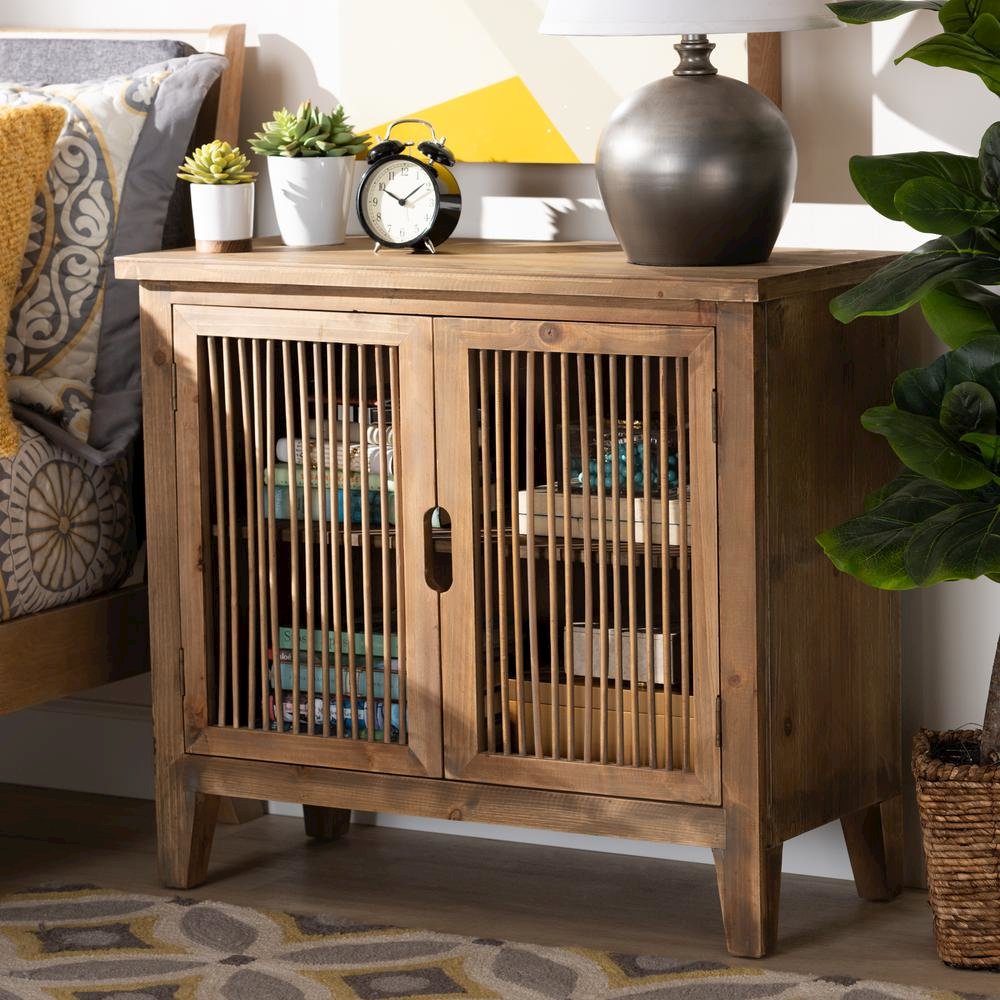 Transitional Medium Oak Finished 2-Door Wood Spindle Accent Storage Cabinet. Picture 16