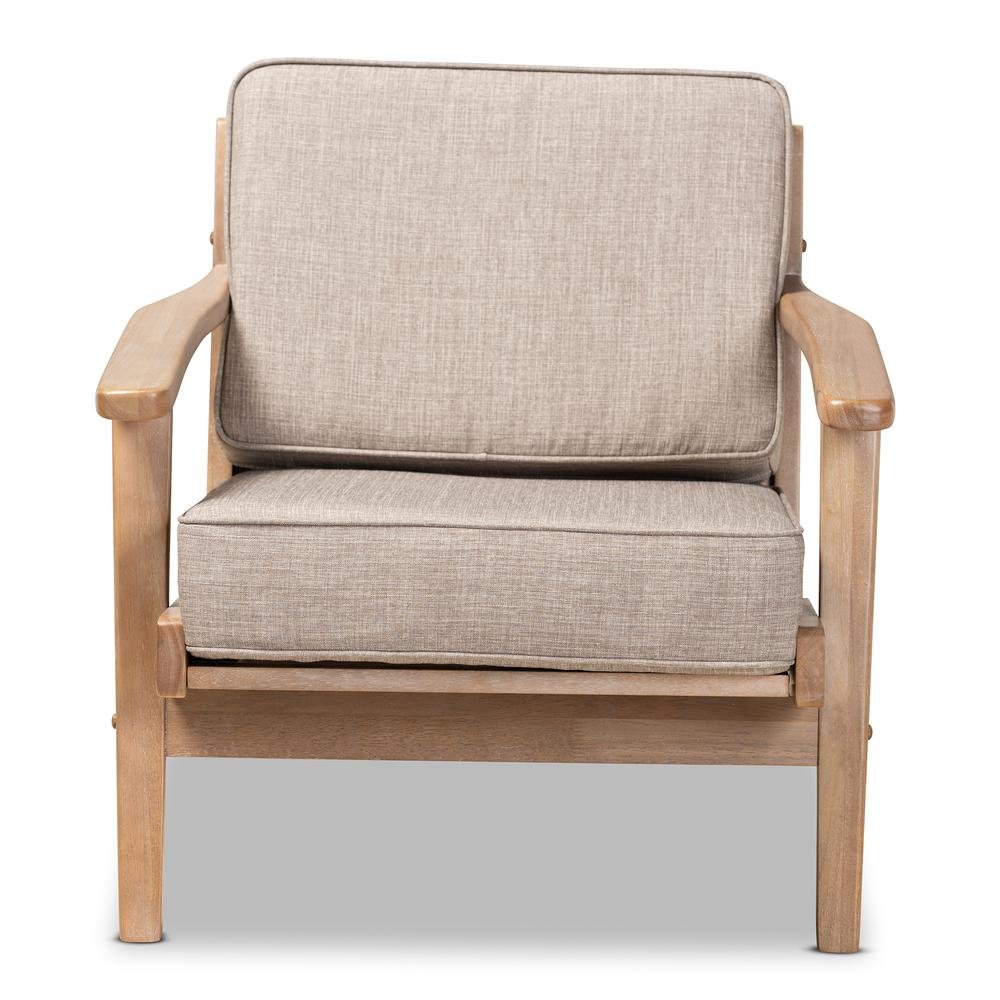 Light Grey Fabric Upholstered Antique Oak Finished Wood Armchair. Picture 11