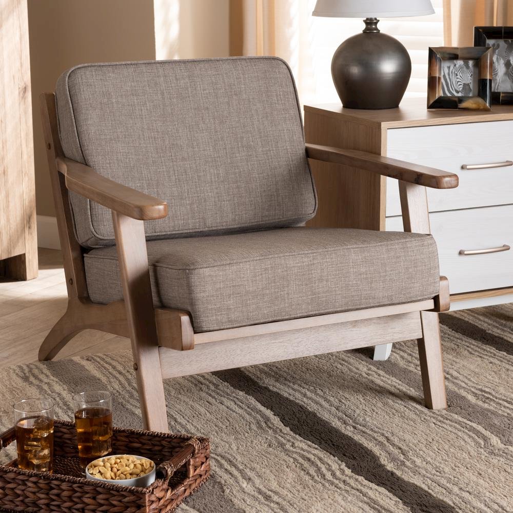 Light Grey Fabric Upholstered Antique Oak Finished Wood Armchair. Picture 16