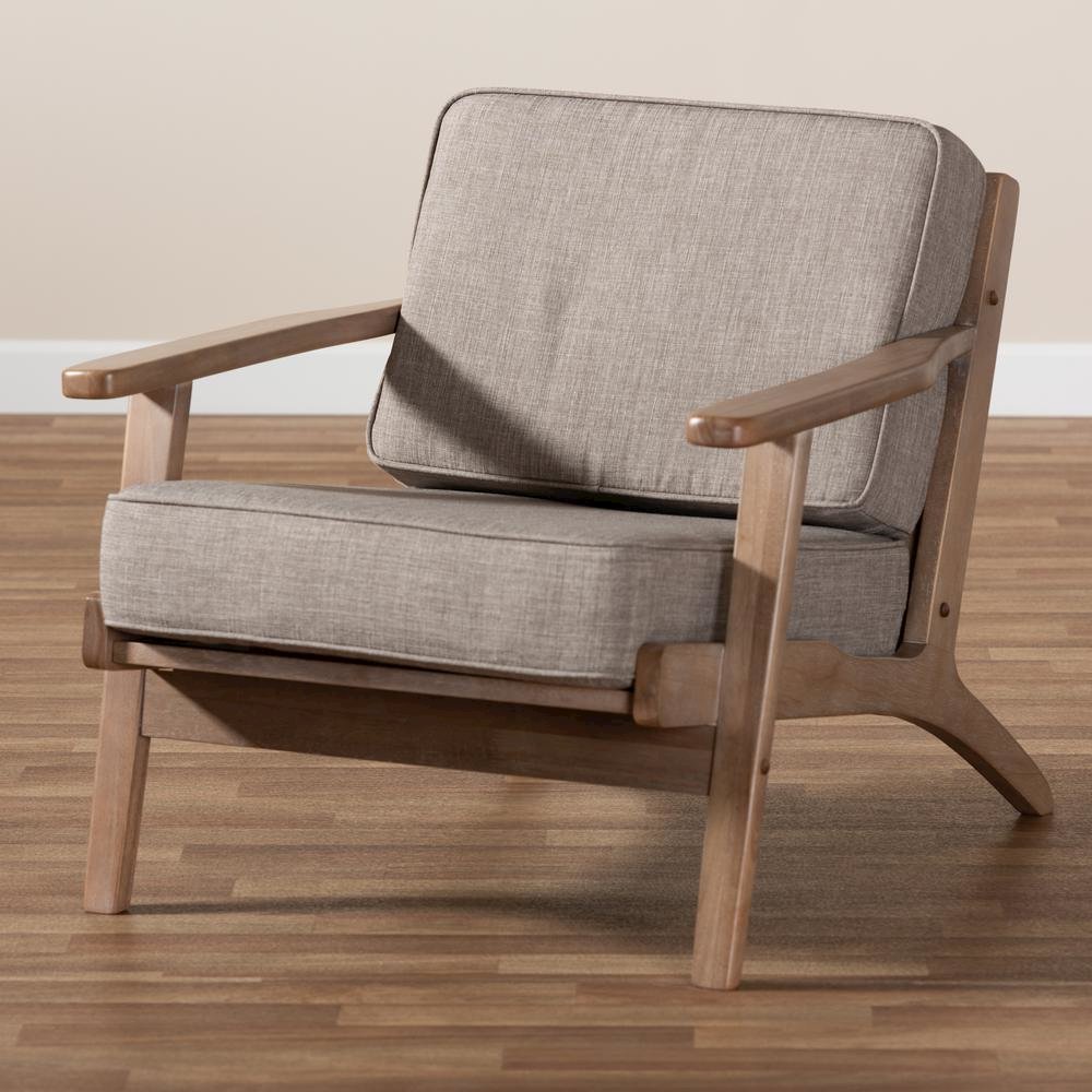 Light Grey Fabric Upholstered Antique Oak Finished Wood Armchair. Picture 17