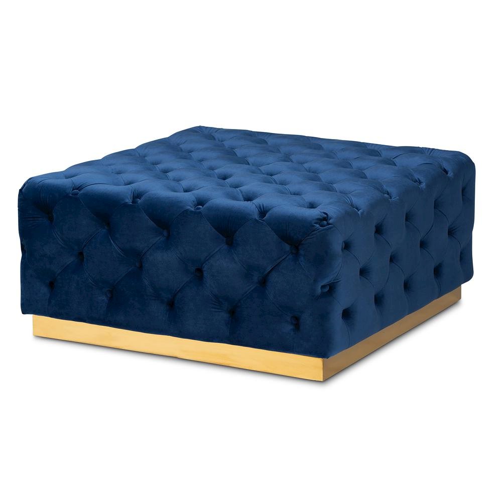 Luxe Royal Blue Velvet Fabric Upholstered Gold Finished Square Cocktail Ottoman. Picture 8