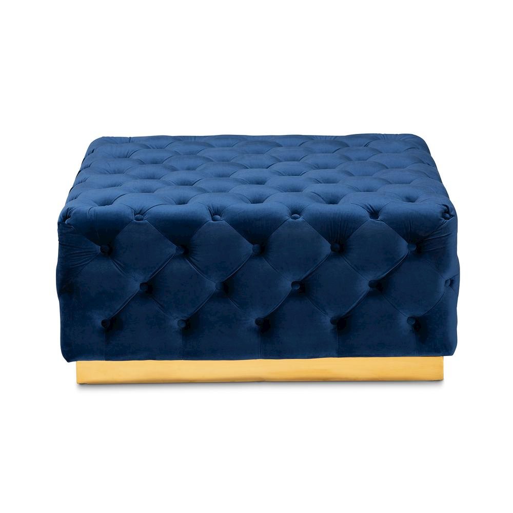 Luxe Royal Blue Velvet Fabric Upholstered Gold Finished Square Cocktail Ottoman. Picture 9