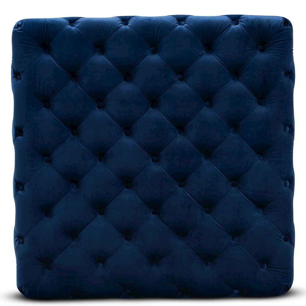 Luxe Royal Blue Velvet Fabric Upholstered Gold Finished Square Cocktail Ottoman. Picture 10