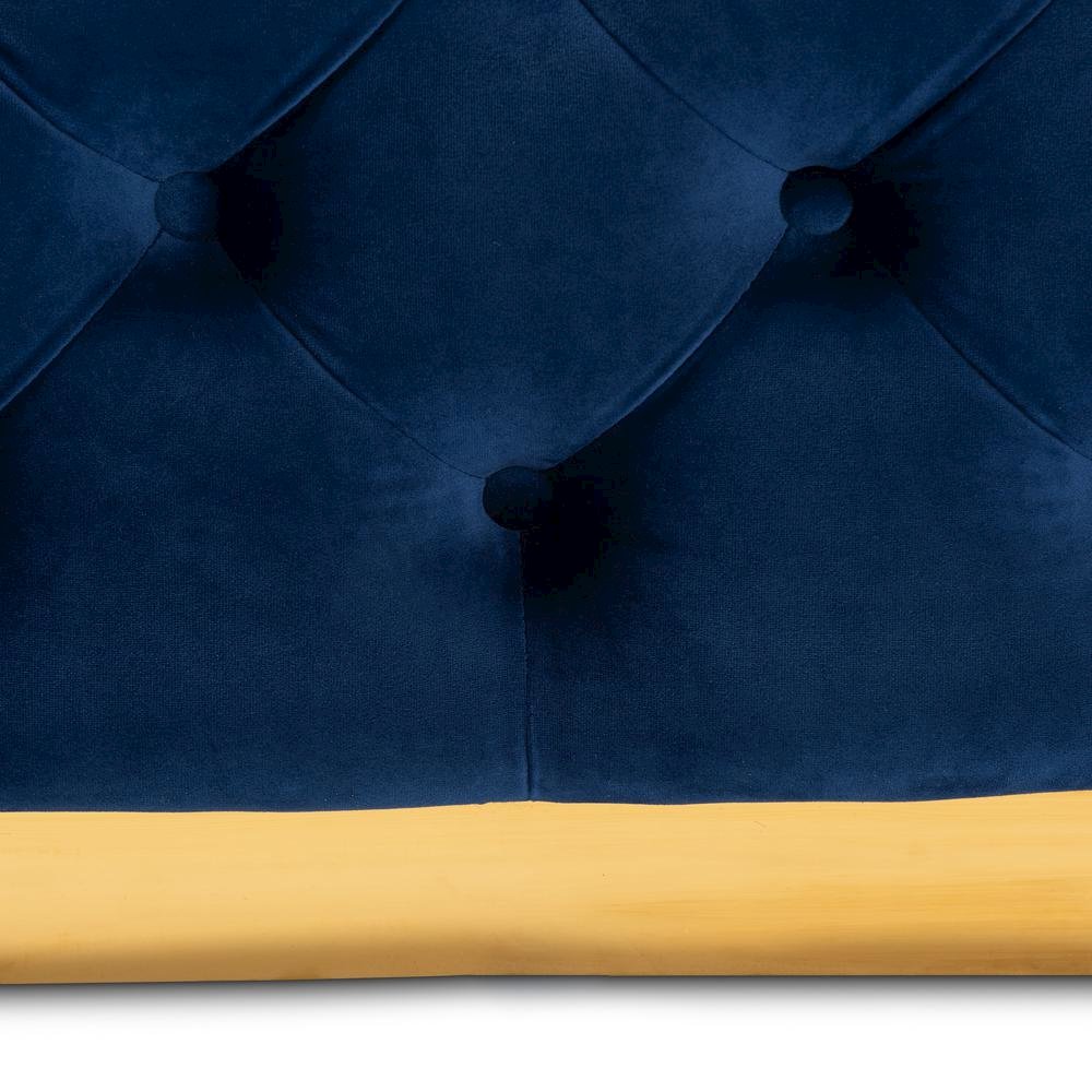 Luxe Royal Blue Velvet Fabric Upholstered Gold Finished Square Cocktail Ottoman. Picture 11