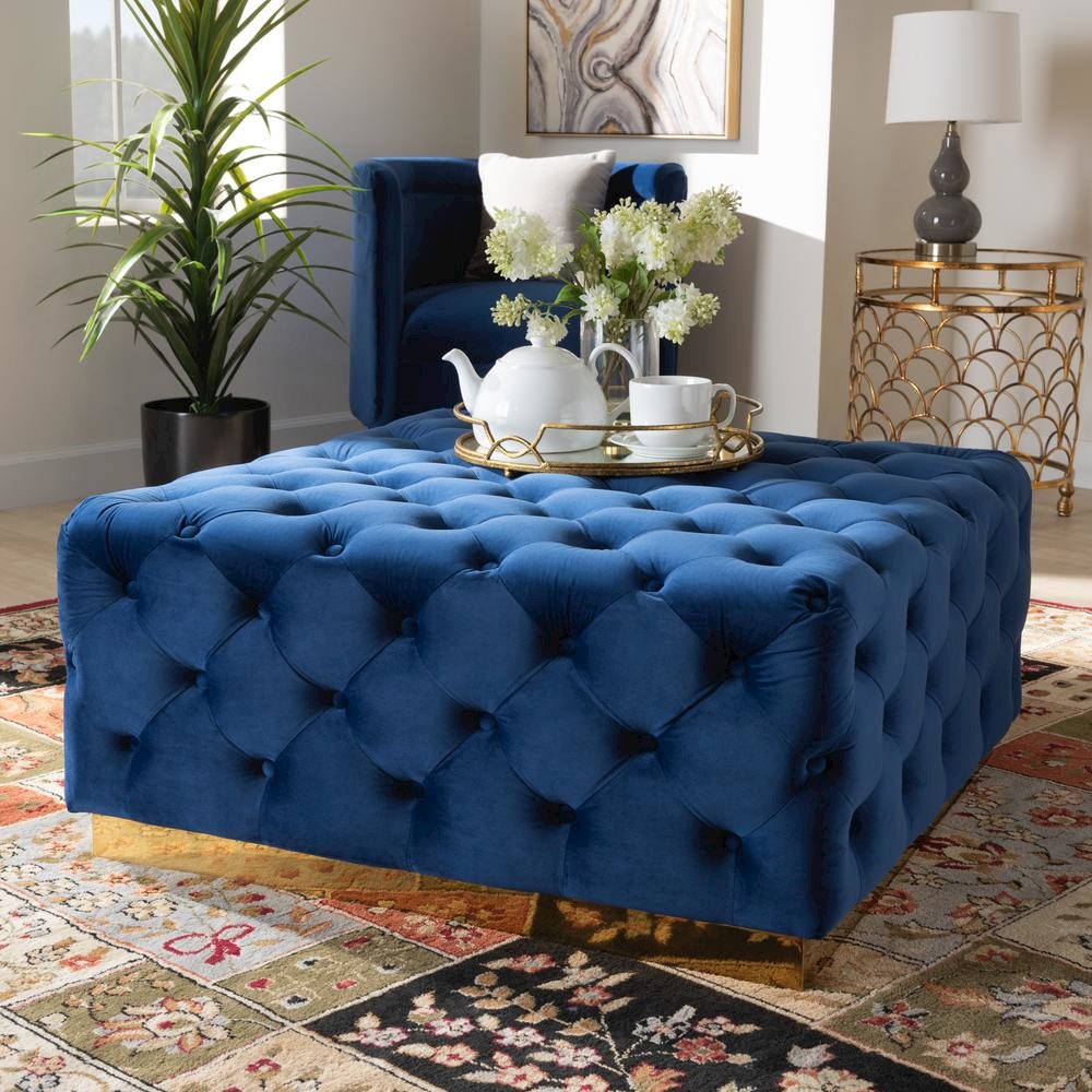 Luxe Royal Blue Velvet Fabric Upholstered Gold Finished Square Cocktail Ottoman. Picture 12