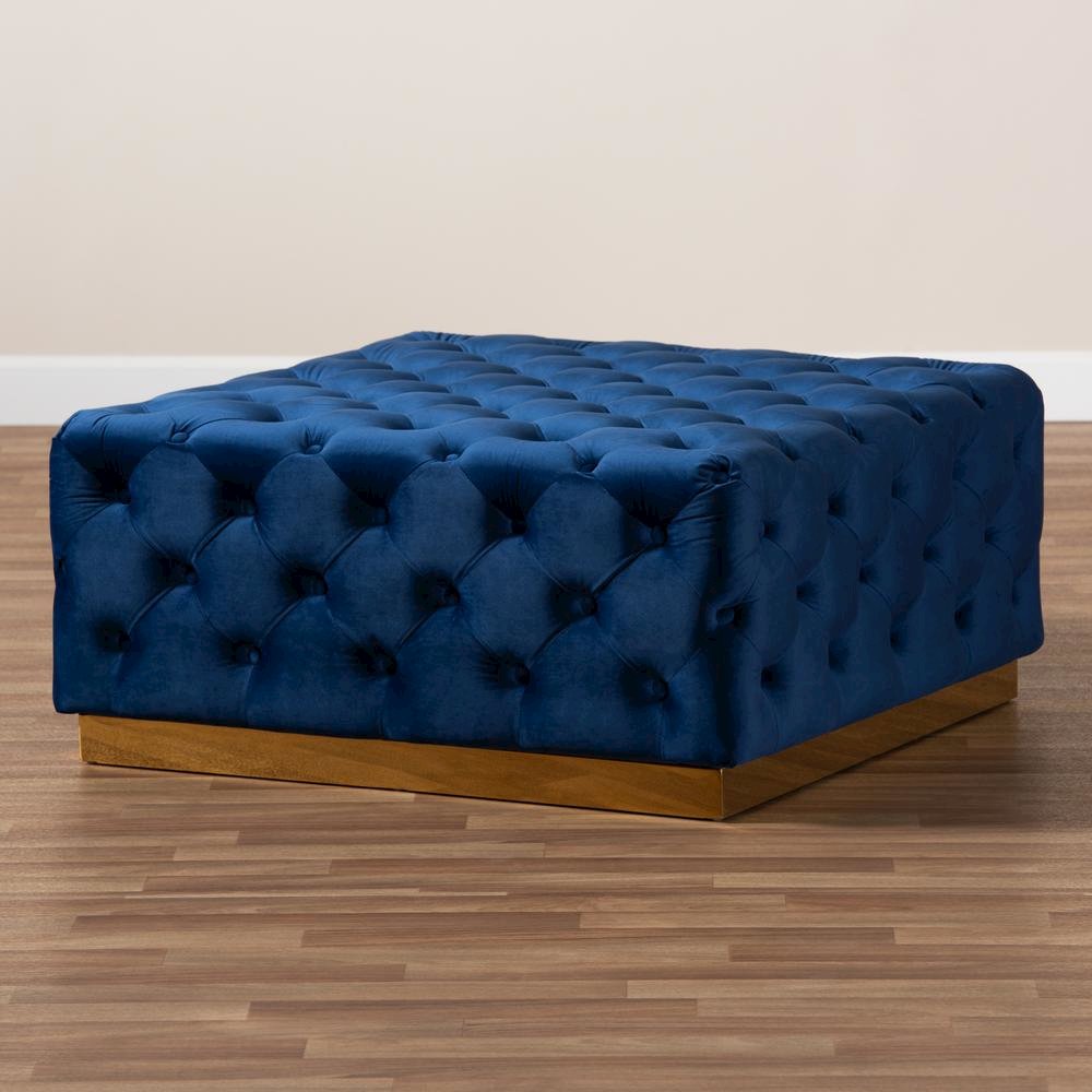 Luxe Royal Blue Velvet Fabric Upholstered Gold Finished Square Cocktail Ottoman. Picture 13
