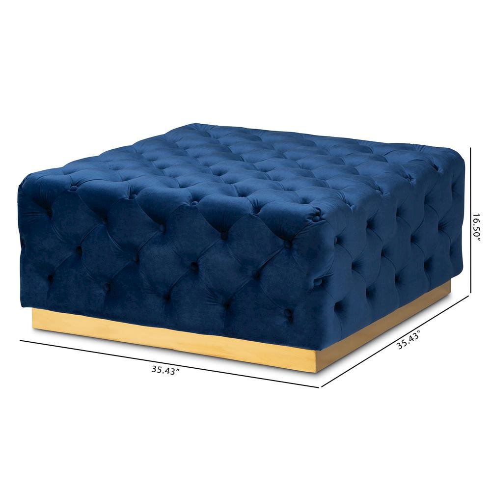 Luxe Royal Blue Velvet Fabric Upholstered Gold Finished Square Cocktail Ottoman. Picture 14