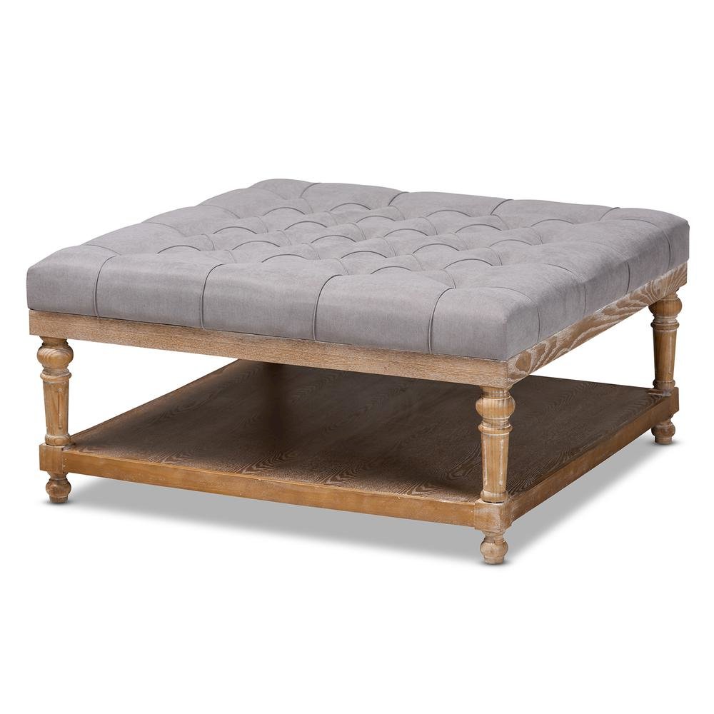 and Rustic Grey Linen Fabric Upholstered and Greywashed Wood Cocktail Ottoman. Picture 8