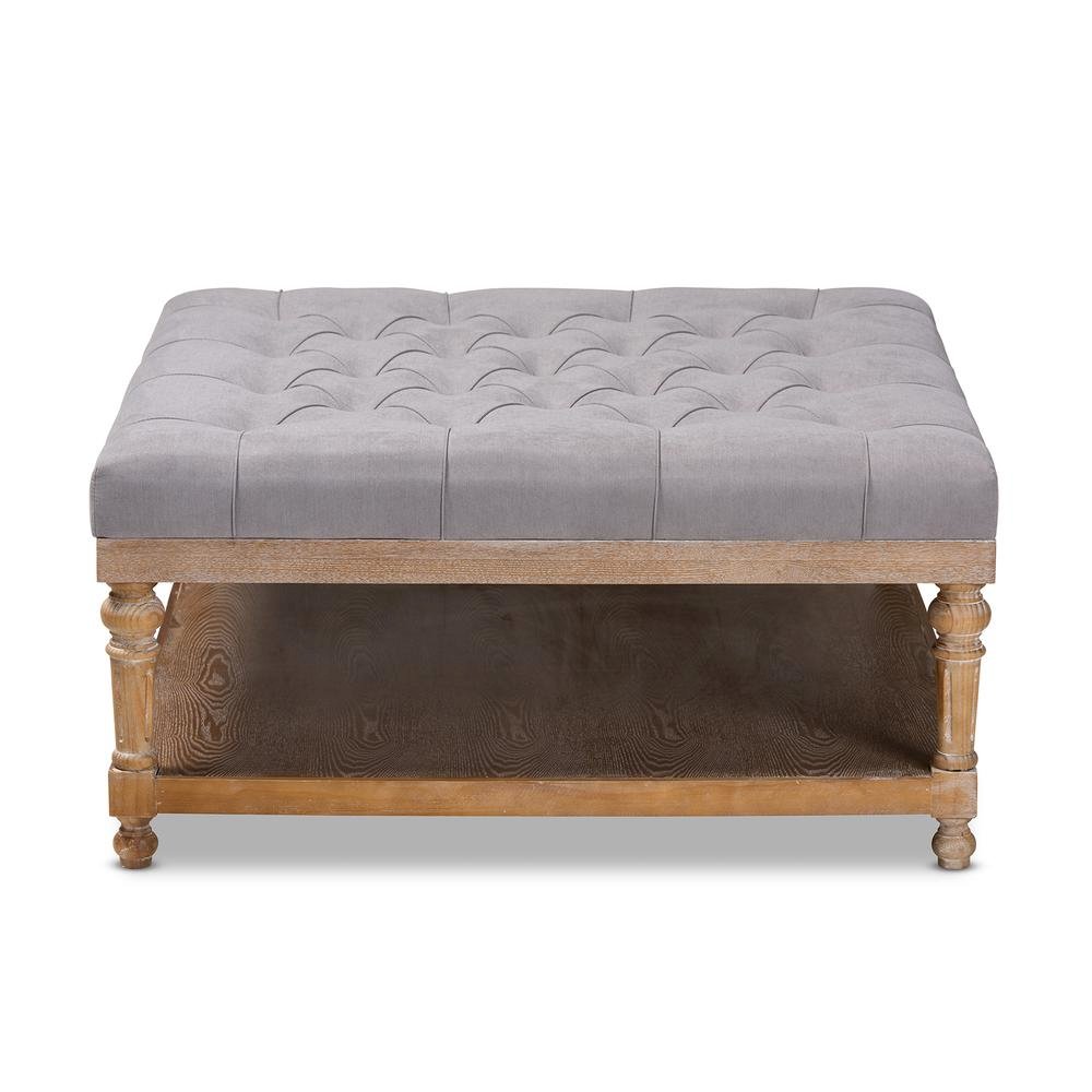 and Rustic Grey Linen Fabric Upholstered and Greywashed Wood Cocktail Ottoman. Picture 9