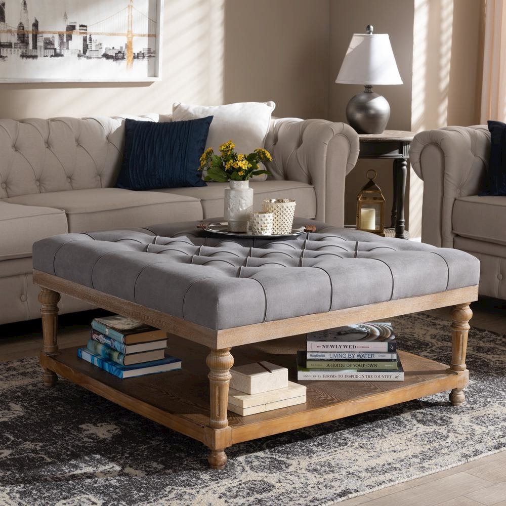 and Rustic Grey Linen Fabric Upholstered and Greywashed Wood Cocktail Ottoman. Picture 12