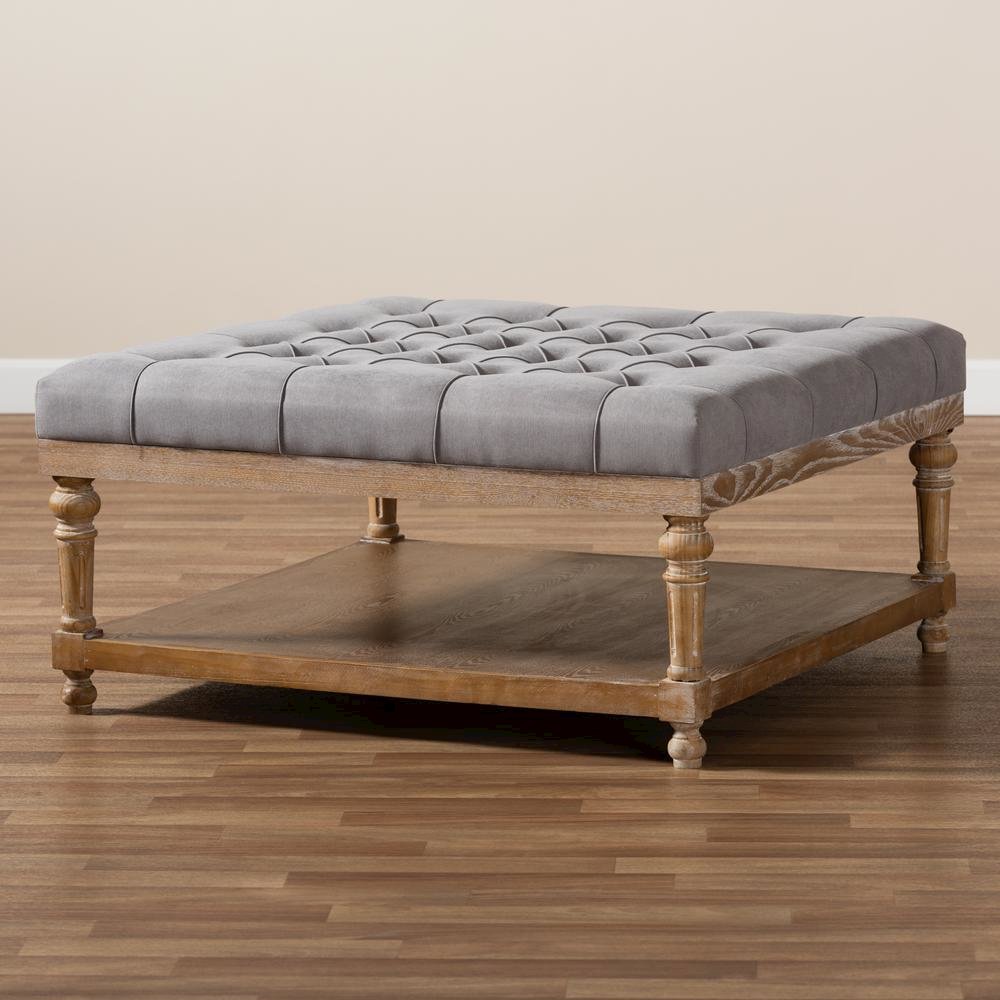 and Rustic Grey Linen Fabric Upholstered and Greywashed Wood Cocktail Ottoman. Picture 13
