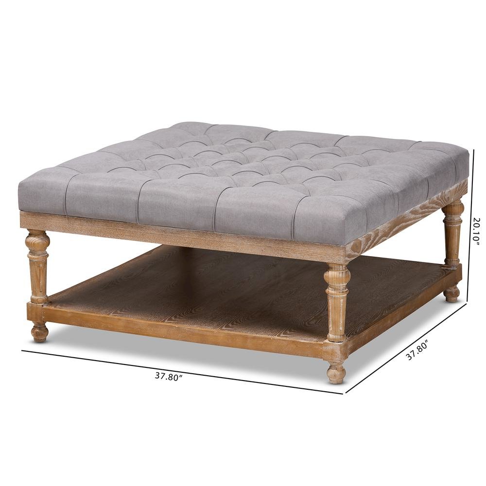 and Rustic Grey Linen Fabric Upholstered and Greywashed Wood Cocktail Ottoman. Picture 14