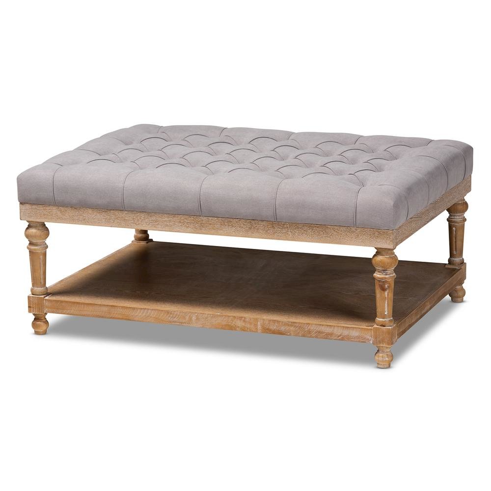 and Rustic Grey Linen Fabric Upholstered and Greywashed Wood Cocktail Ottoman. Picture 9