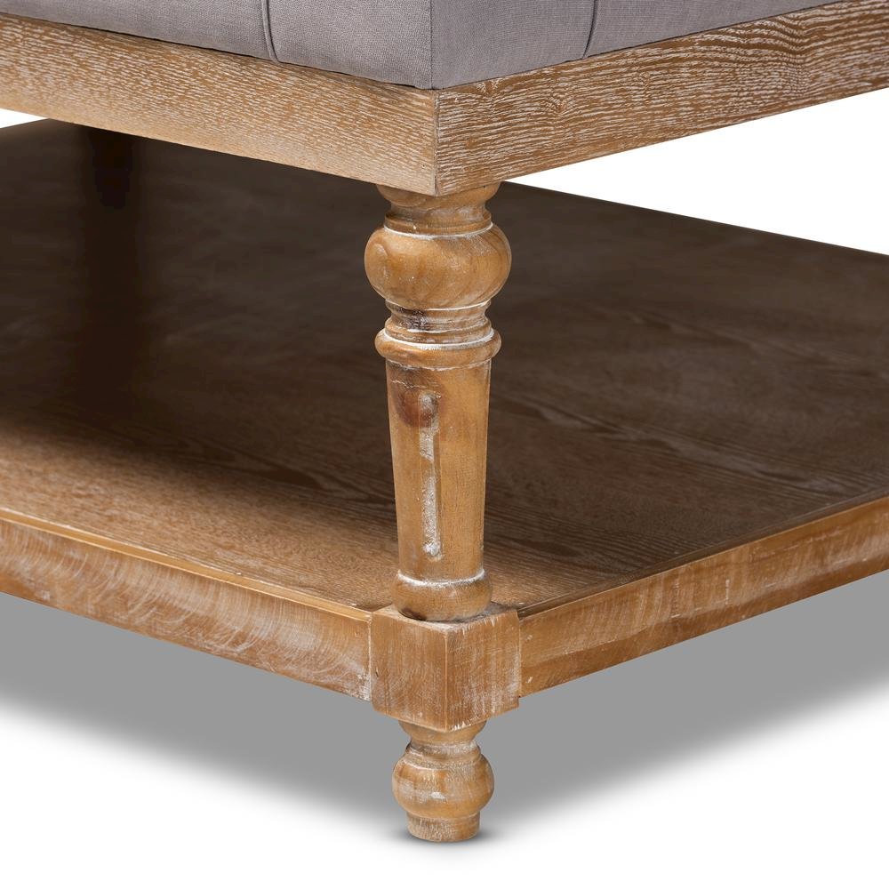 and Rustic Grey Linen Fabric Upholstered and Greywashed Wood Cocktail Ottoman. Picture 13