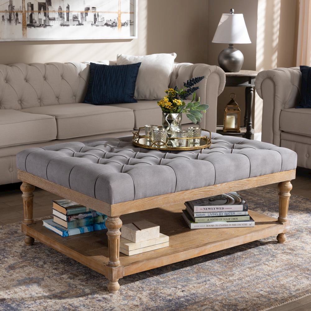 and Rustic Grey Linen Fabric Upholstered and Greywashed Wood Cocktail Ottoman. Picture 14
