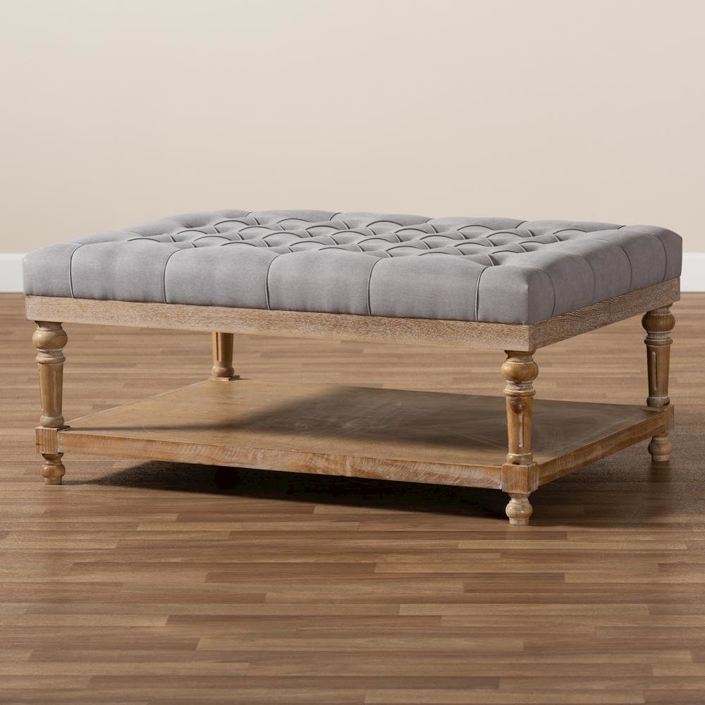 and Rustic Grey Linen Fabric Upholstered and Greywashed Wood Cocktail Ottoman. Picture 15