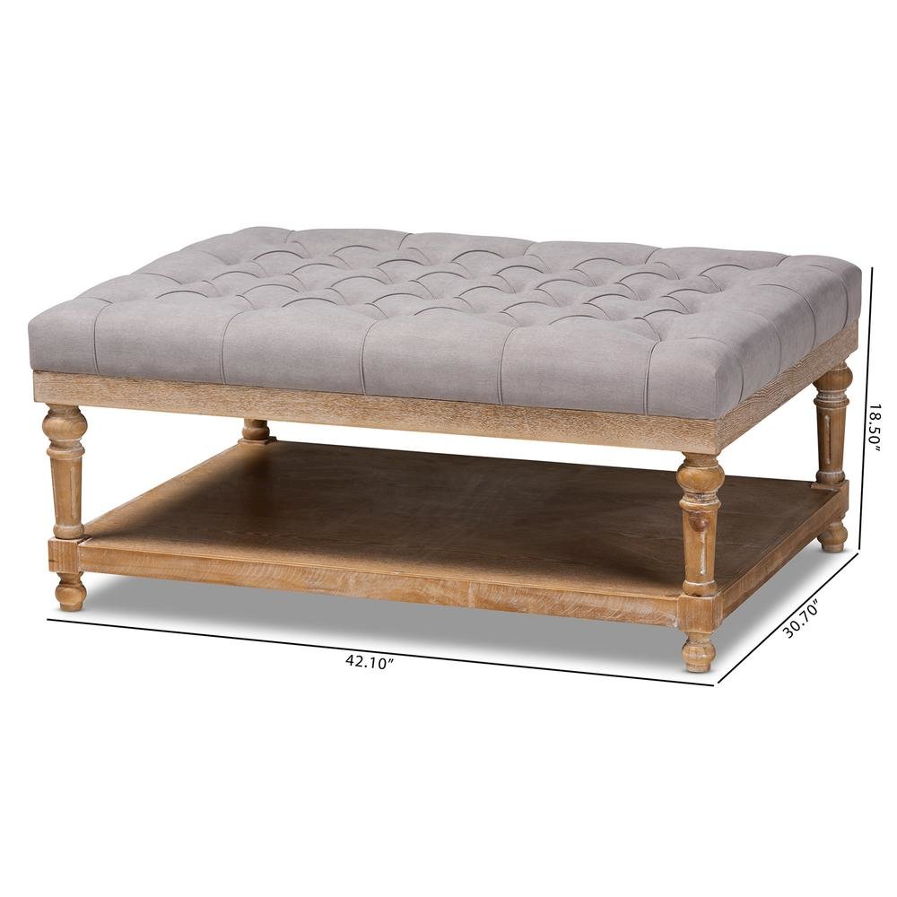 and Rustic Grey Linen Fabric Upholstered and Greywashed Wood Cocktail Ottoman. Picture 16