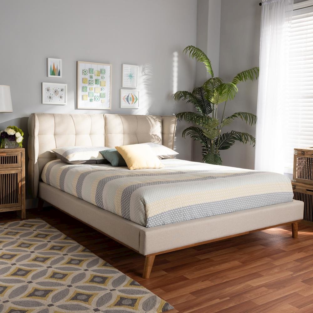 Walnut Brown Finished Wood Queen Size Platform Wingback Bed. Picture 15