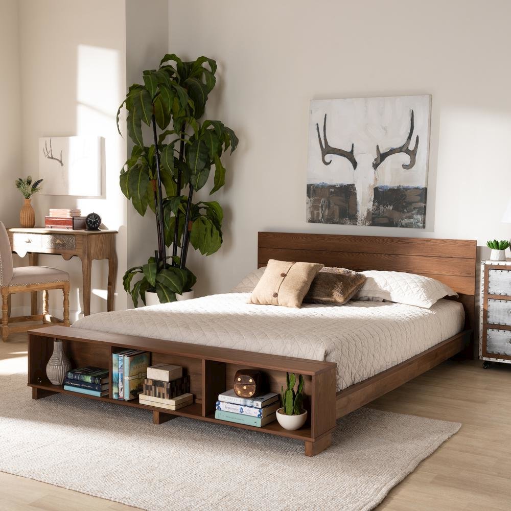 Walnut Brown Finished Wood Full Size Platform Storage Bed with Built-In Shelves. Picture 16
