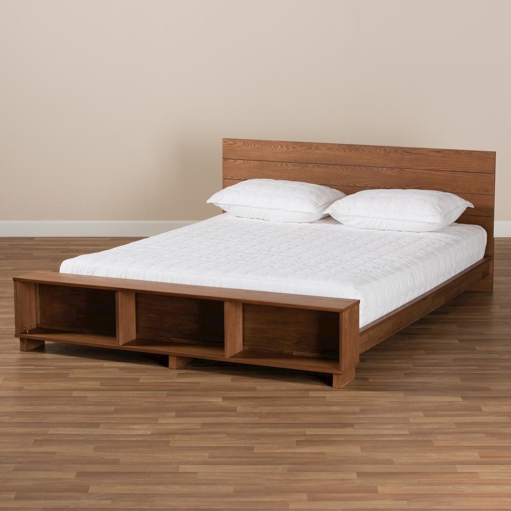 Walnut Brown Finished Wood Full Size Platform Storage Bed with Built-In Shelves. Picture 17
