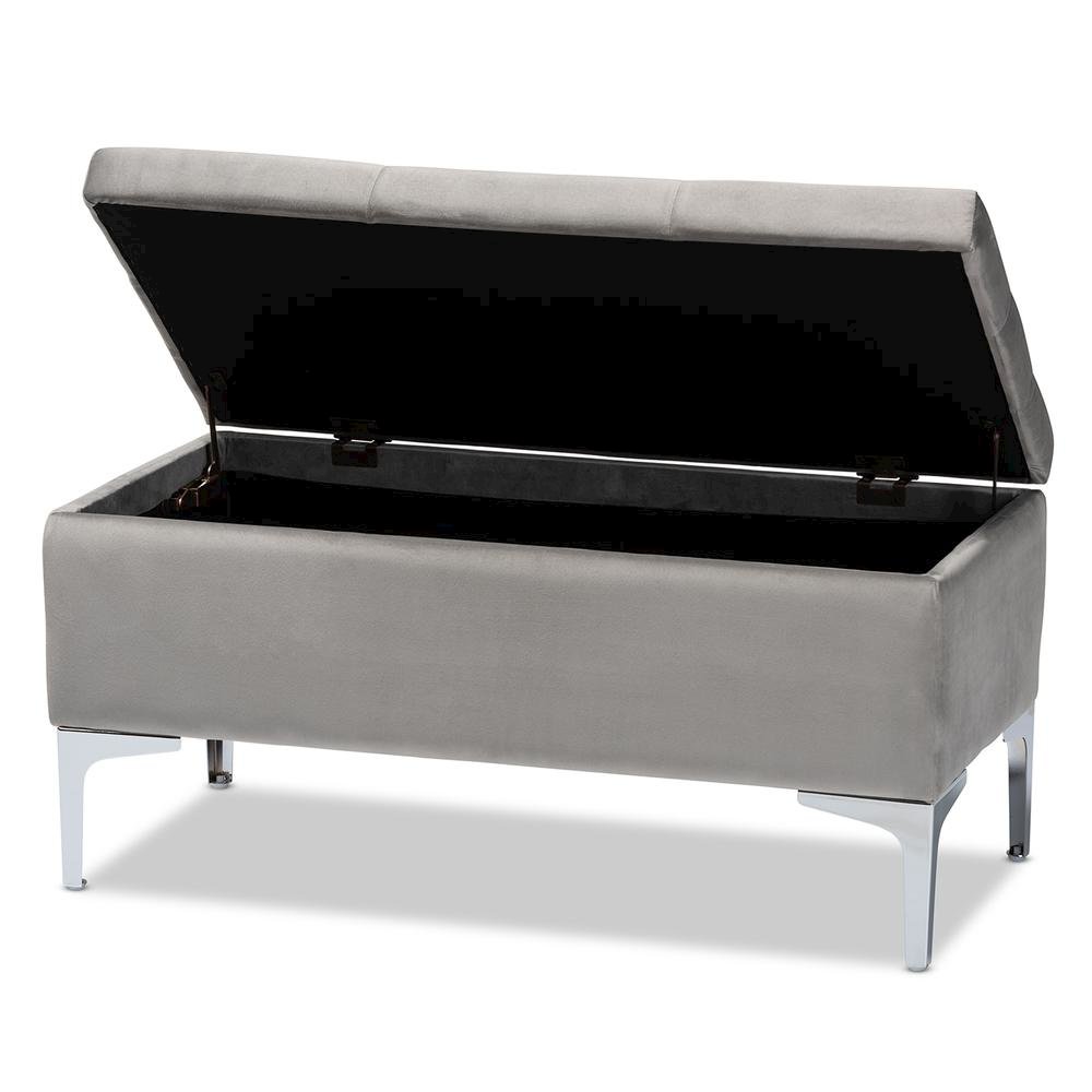 Transitional Grey Velvet Fabric Upholstered Silver Finished Storage Ottoman. Picture 13