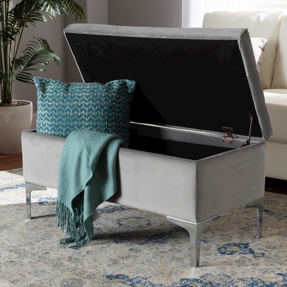 Transitional Grey Velvet Fabric Upholstered Silver Finished Storage Ottoman. Picture 20