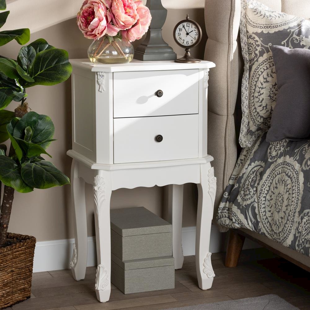 Sophia Classic and Traditional French White Finished Wood 2-Drawer End Table. Picture 16