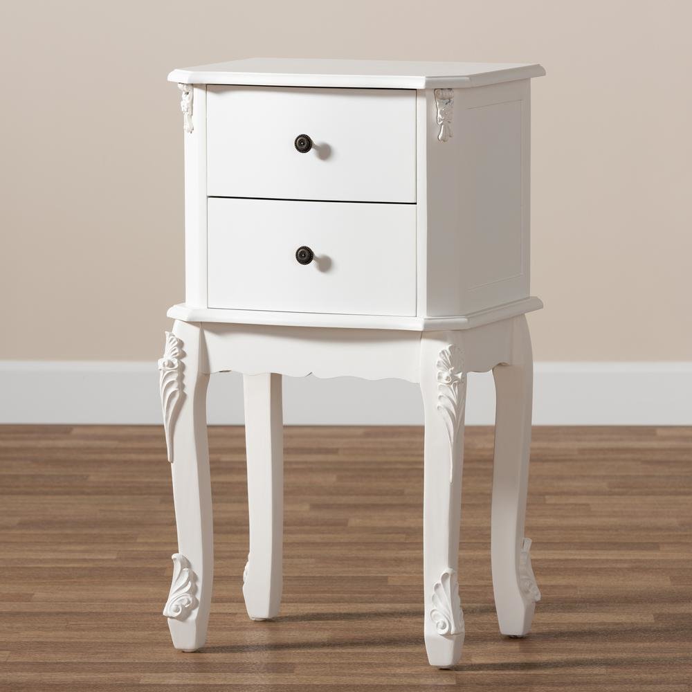 Sophia Classic and Traditional French White Finished Wood 2-Drawer End Table. Picture 17