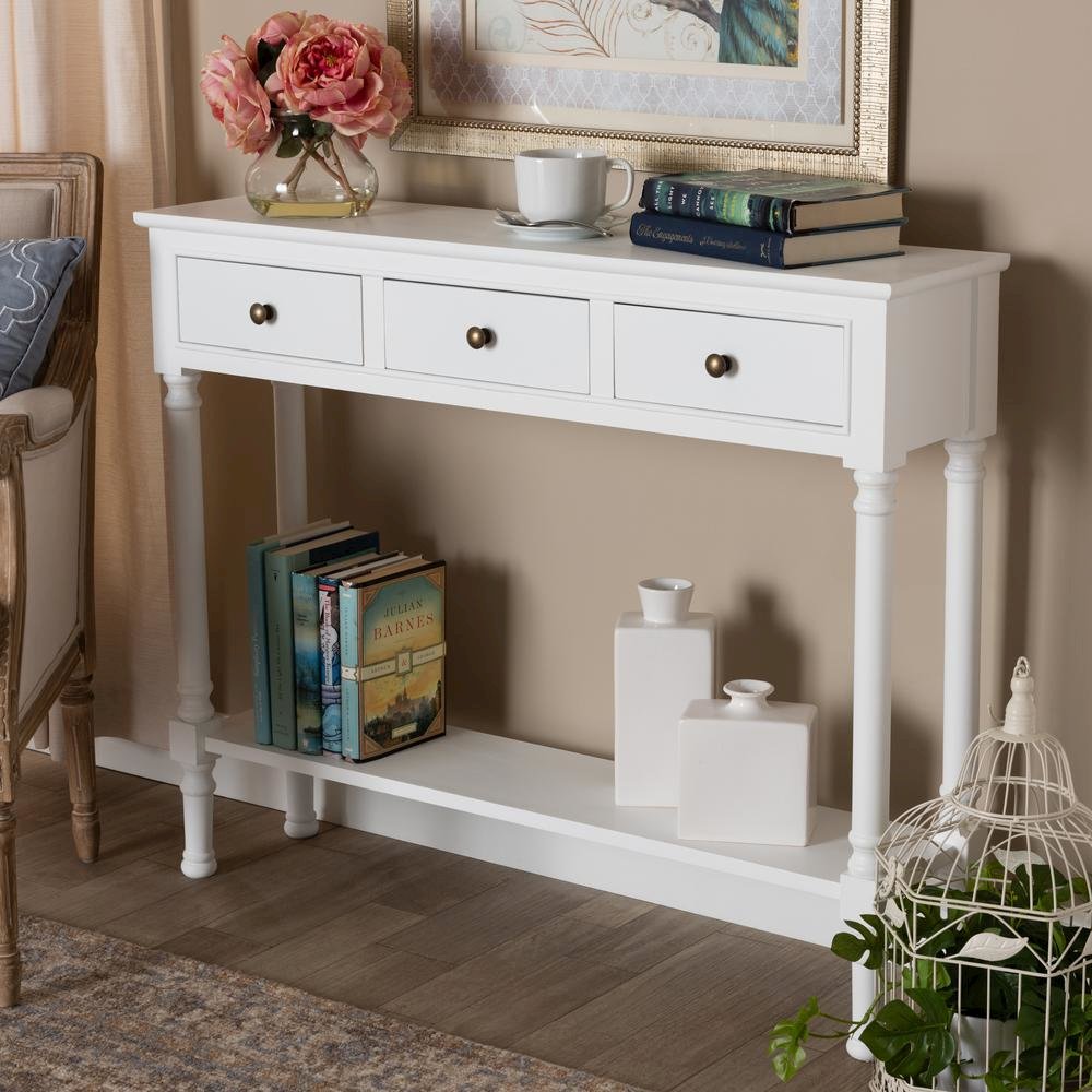 Traditional French Farmhouse White Finished Wood 3-Drawer Entryway Console Table. Picture 16