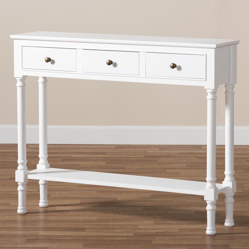 Traditional French Farmhouse White Finished Wood 3-Drawer Entryway Console Table. Picture 17