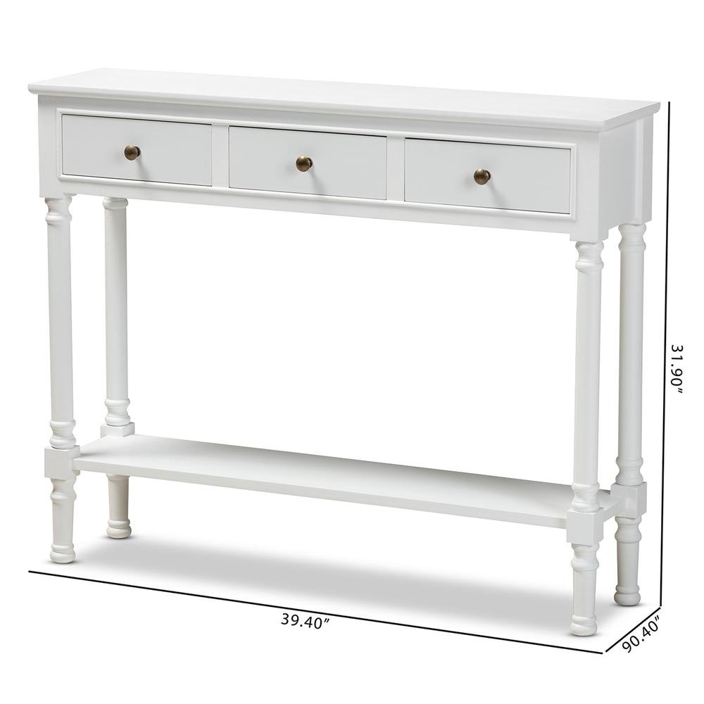 Traditional French Farmhouse White Finished Wood 3-Drawer Entryway Console Table. Picture 18