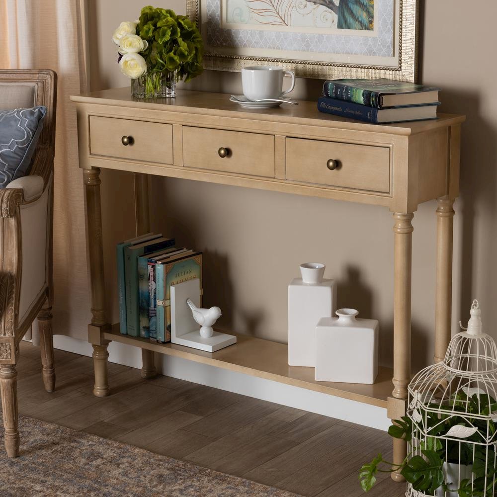 Farmhouse Oak Brown Finished Wood 3-Drawer Entryway Console Table. Picture 16